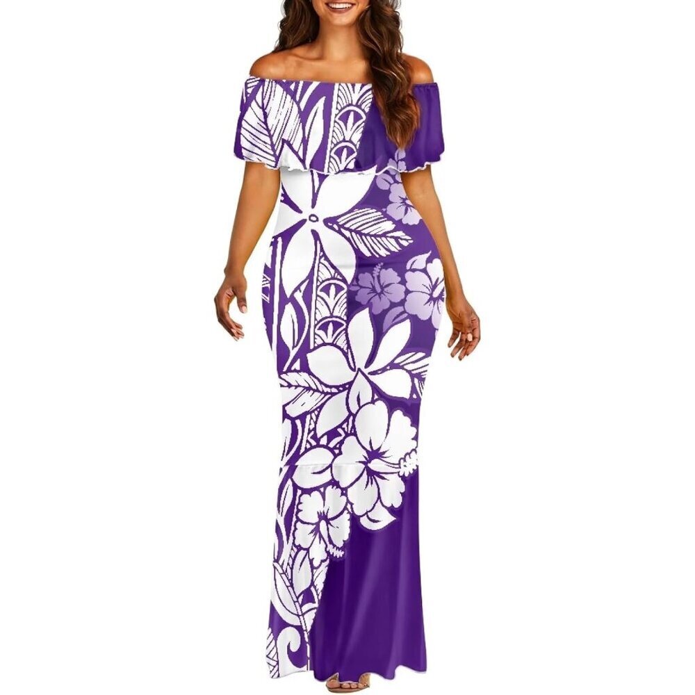 Polynesian Maxi Dress Women Off Shoulder Floral Summer Hawaiian Casual